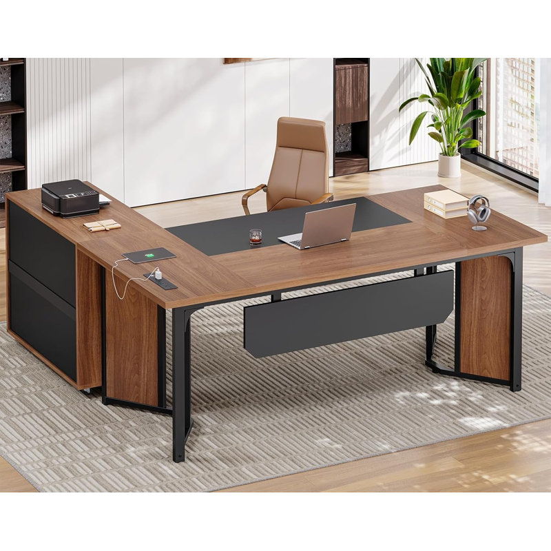 63" Executive Desk With Mobile File Cabinet, L Shaped Desk With Power Outlets, Corner Computer Business Workstation Set