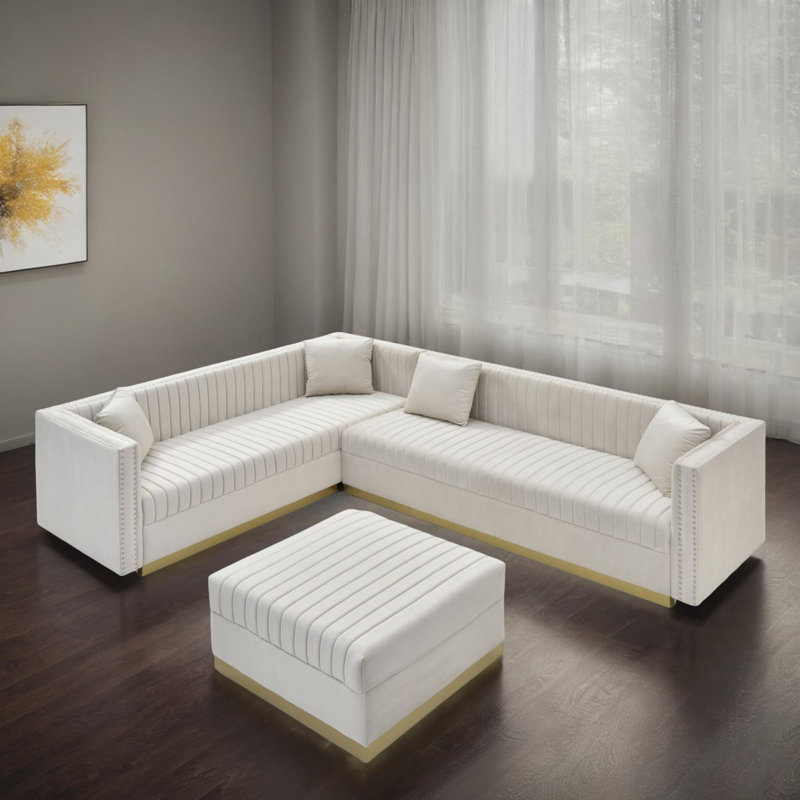 3 - Piece Velvet Sectional, Fayzan Beige Velvet