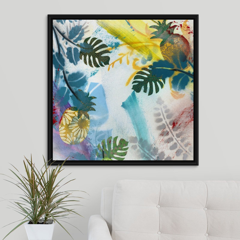 « new tropical bliss ii », peinture sur toile, Cadre flottant noir, H 31,7 po x l 31,7 po x p 1,75 po