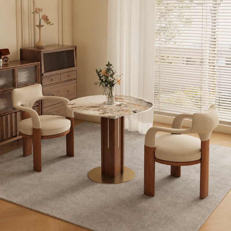 Table de salle à manger ronde 33 po de luxe avec piédestal multicouche en noyer et base en or brossé - disponible en verre, marbre chaud et plateau en marbre