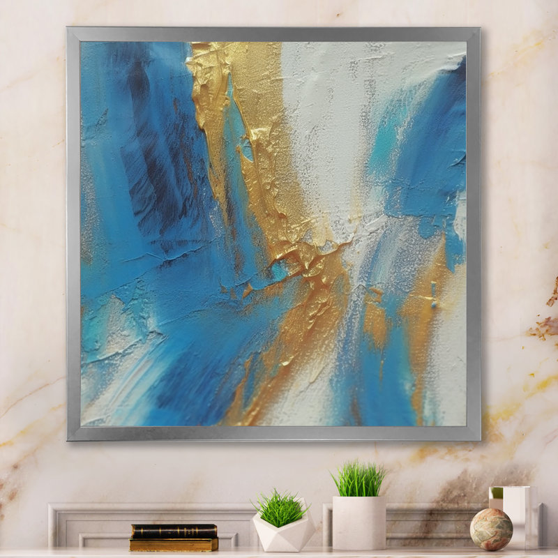 Sudden Sensuality - Turquoise abstrait et or - peinture murale abstraite, Cadre photo argenté, H 16 po x l 16 po x P 1 po