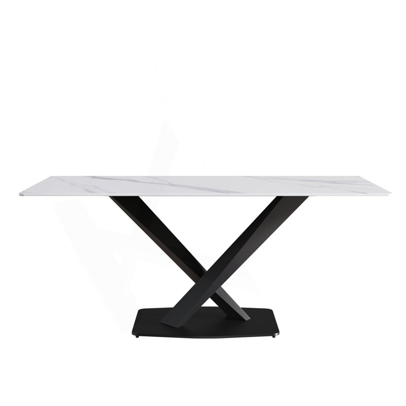 Table de salle à manger de 70,87 po en pierre artificielle moderne à bord droit et pieds en métal noir pouvant accueillir 6 à 8 personnes