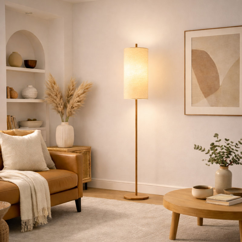 Lampe sur pied avec base en chêne Mondale et ombre en rotin naturel