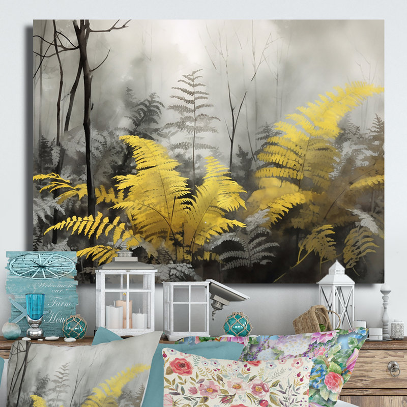 Fougère jaune gris rêve II - décoration murale florale en métal, H 30 po x l 40 po x P 1 po