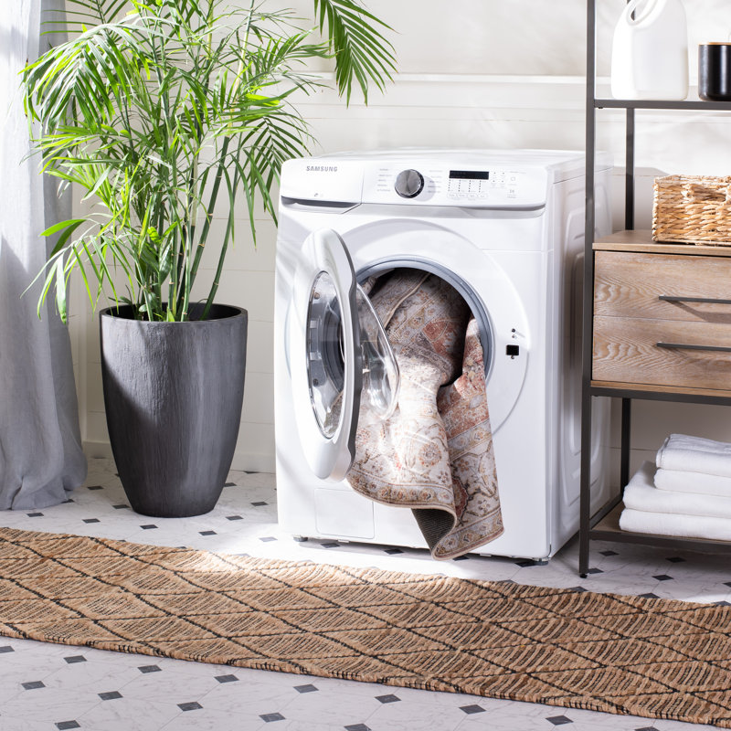Tucson Windsor Machine Washable Non-Slip Area Rug In Light Grey & Rust, Round 198 cm