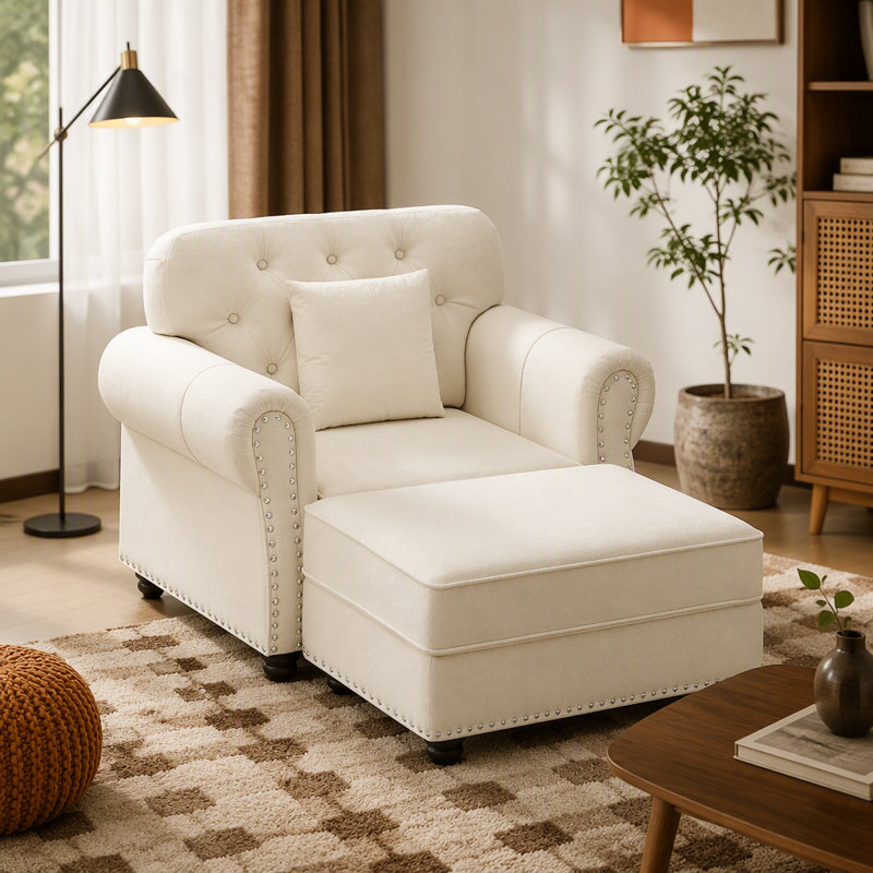 Canapé Chesterfield de 41,3 po en velours avec garniture cloutée et accoudoirs roulés, canapé de style Mid-Century moderne capitonné avec boutons, beige / blanc