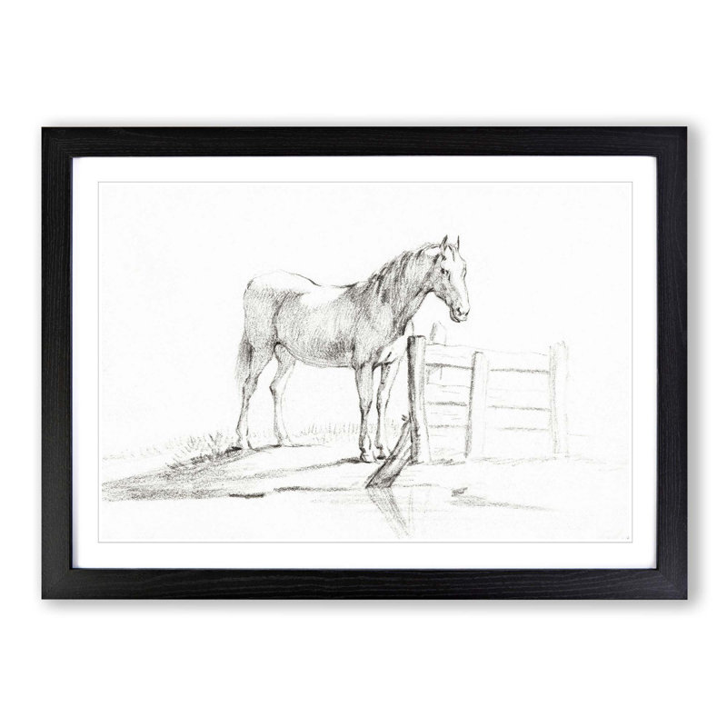 Horse by the Gate by Jean Bernard - Picture Frame Drawing Print, Black Framed, 27cm H x 36cm W x 2cm D