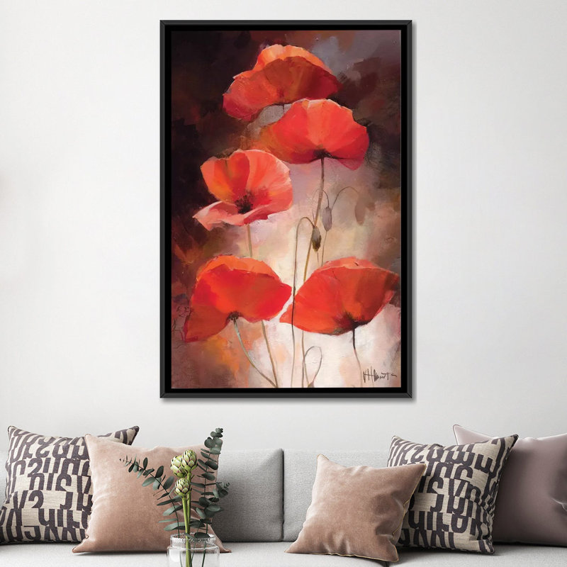 « popy bouquet ii », reproduction sur toile, H 60 po x l 40po x P 1,5 po, Toile avec cadre noir, Pas de tapis