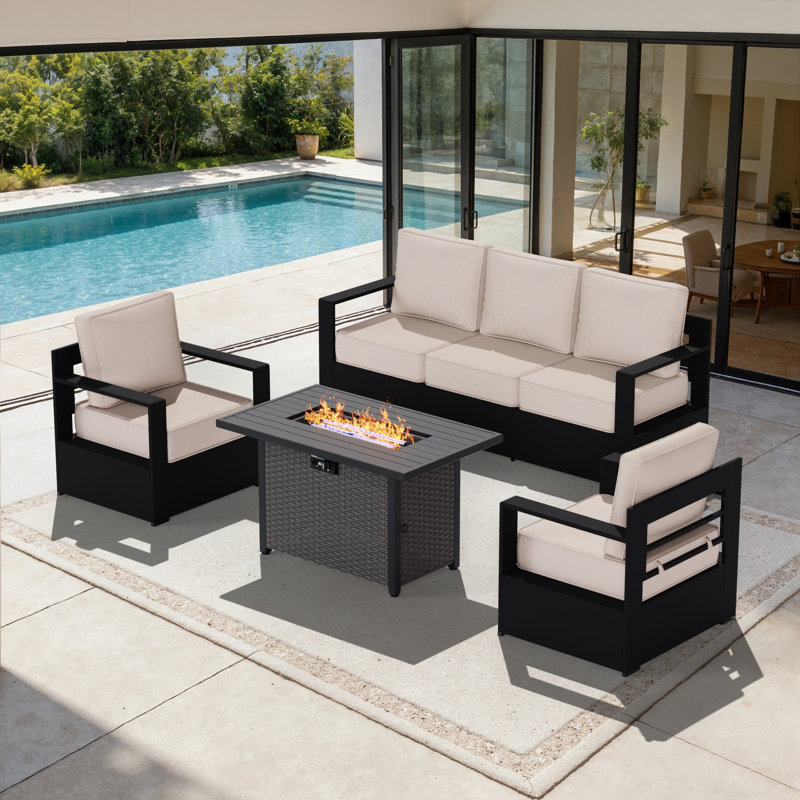 Abdullah 5-Person Modern Aluminum Patio Furniture Set with Fire Pit Table, 3-Seat Sofa , 2 Armchairs and 6 Inch Beige Cushions