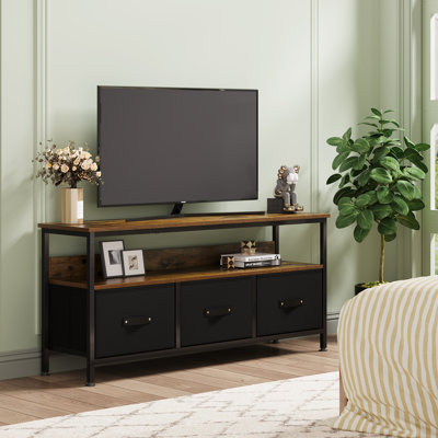Meuble télé spacieux avec tiroirs et tablettes ouvertes - Meuble audio-vidéo moderne pour la chambre à coucher ou le salon - Convient aux téléviseurs jusqu'à 65 pouces - Tiroirs en tissu noir durable