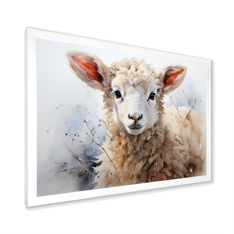Mouton beige en hiver sur toile, Cadre photo blanc, H 30 po x l 40 po x P 1,5 po