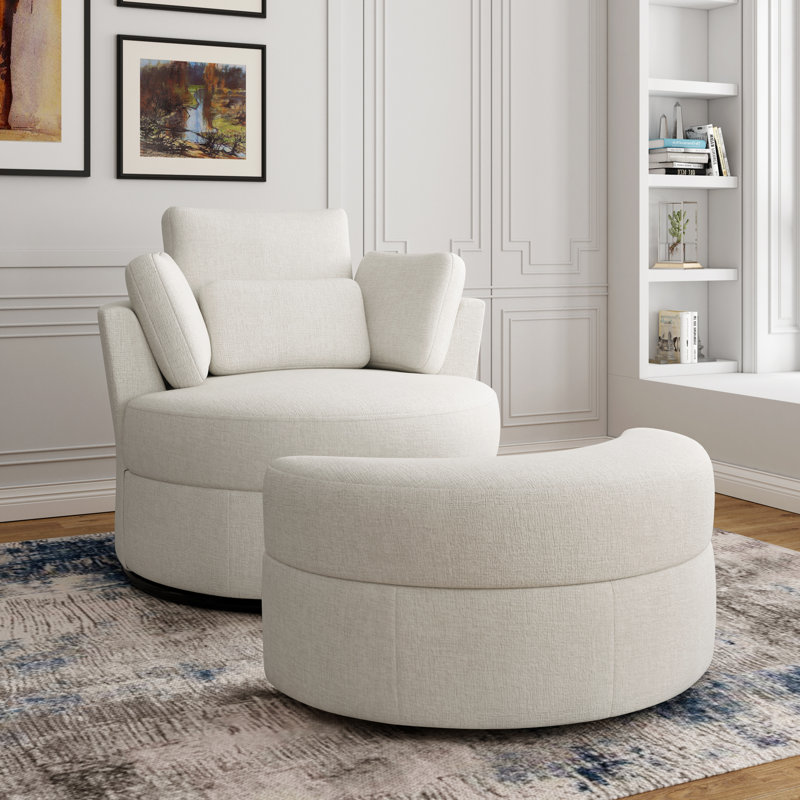 105.7Cm Wide Swivel Barrel Chair and Ottoman, Beige Polyester Blend/Polyester
