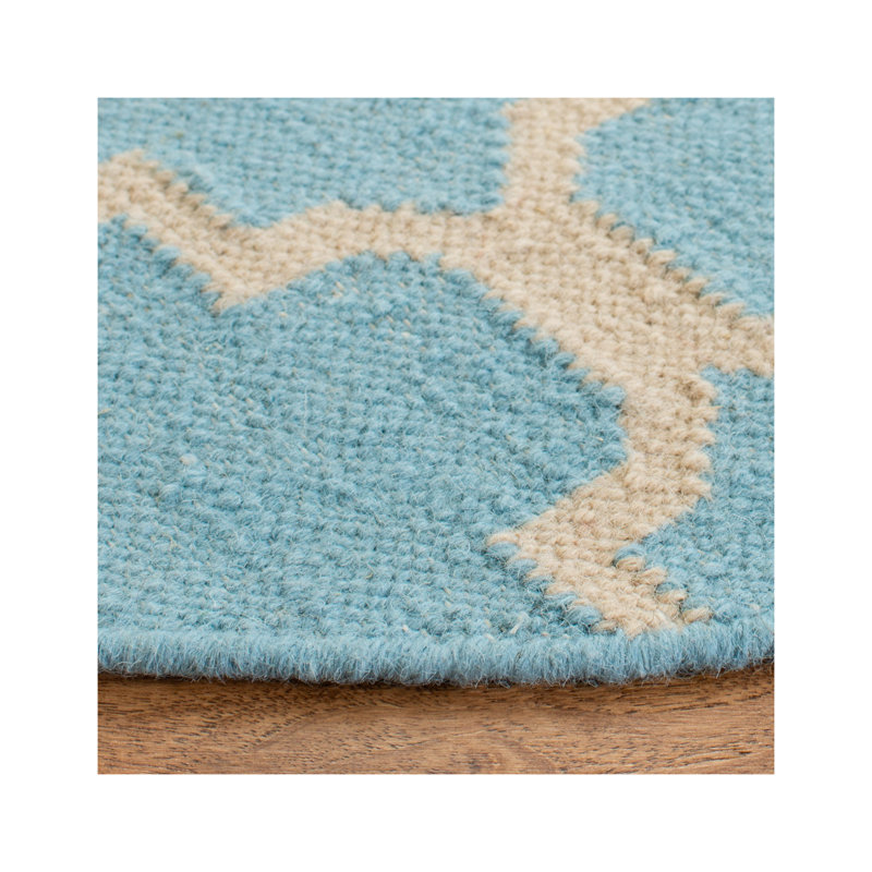 Tapis géométrique en laine / coton tissé à la main et à plat Mccall - bleu clair / ivoire, Tapis de couloir 2 pi 6 po x 10 pi