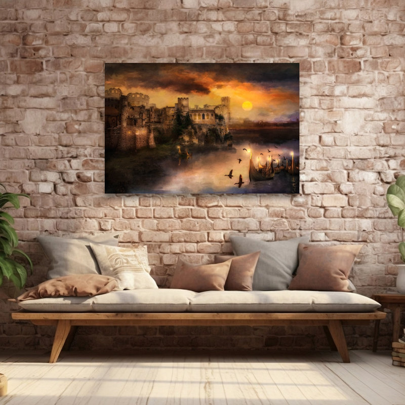 Château brumeux au coucher du soleil : une œuvre d'art murale abstraite et onirique représentant un oiseau et une architecture au coucher du soleil.