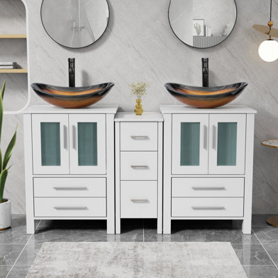 Ensemble de meuble-lavabo à double cuve 60 "avec lavabo vasque, plateau en bois manufacturé, robinet et bonde Sharee