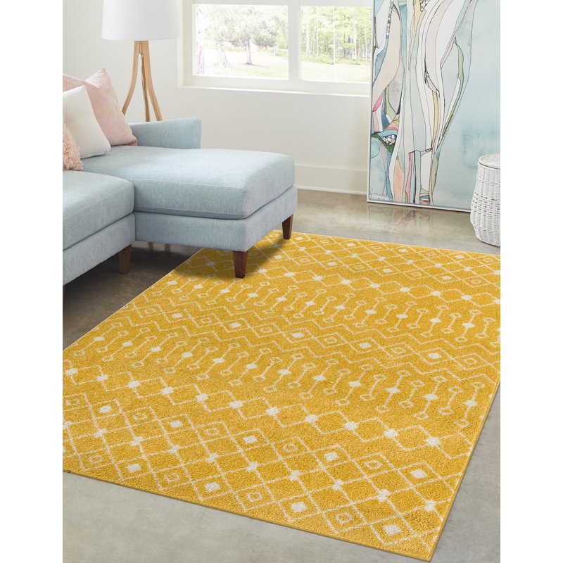 Tapis jaune / ivoire en polypropylène tissé à la machine Briehn, Rectangle 10 pi x 13 pi