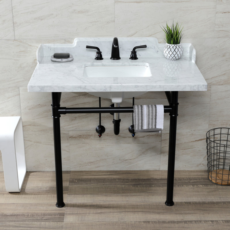 Lavabo console en marbre de Carrare de 36 po avec pieds en acier inoxydable, marbre blanc / nickel poli Kingston LMS3622M86ST Kingston