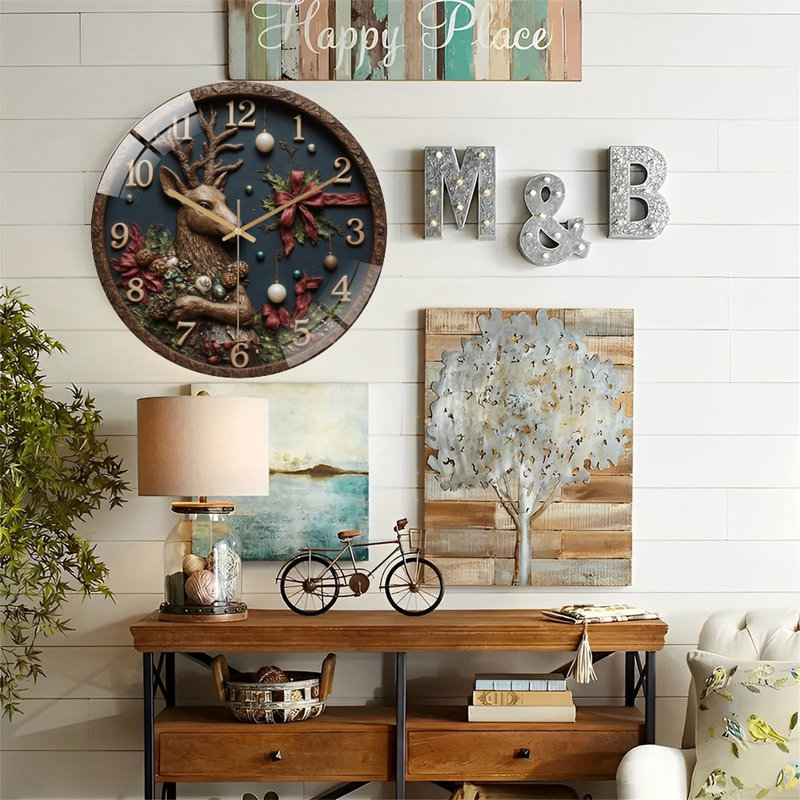 Horloge murale en forme de cerf-Noël-avec-ornements - Horloge murale moderne en verre 12 po