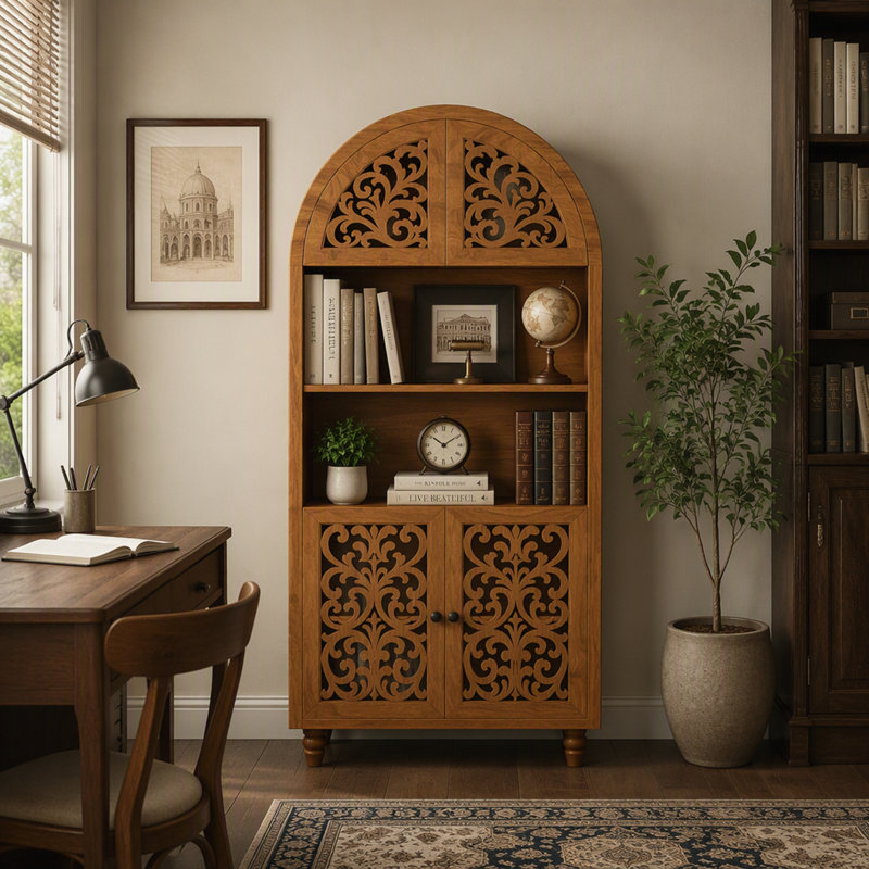 Meuble de rangement décoratif autoportant, bibliothèque ouverte de 168 cm de haut, en bois sculpté à arcs vintage, avec étagères ouvertes.