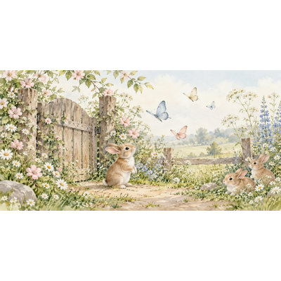 Butterfly Gate Wallpaper Mural, Peel and Stick Kids Room Wall Mural, Watercolor Bunny Garden Nursery Wallpaper