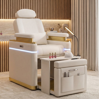 Luxury Electric Pedicure Chair Station, No-Plumbing Foot Spa Salon Chair, Reclining Sofa for Foot Bath, Nail Art, Eyelash Extensions with LED Light, Off-White