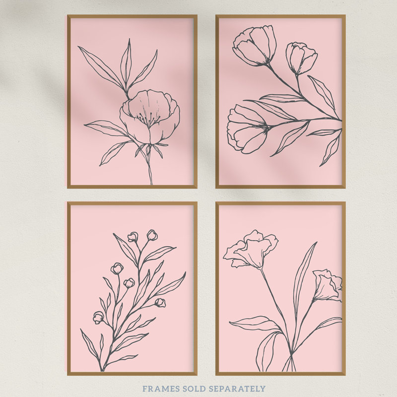 Minimalist Wildflower Outline Black On Pastel Pink Simple Floral - 4 Piece No Frame Print Set, 29.7cm H x 21cm W x 0.4cm D