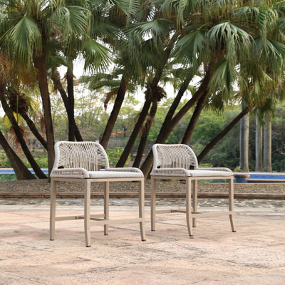 Counter Height Bar Stools Set of 2, Handwoven Two-Tone Washed White & Light Yellow Twisted Rope, Champagne Aluminum Frame with Gray Waterproof Cushions