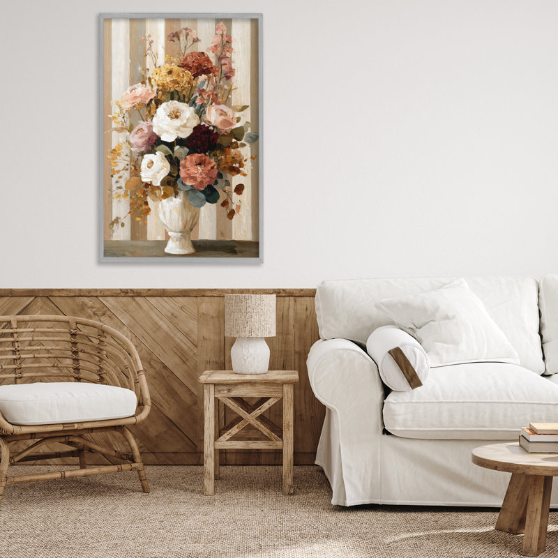 Arrangement rétro dans un vase, estampe numérique, design par Petal Prints Design, 30 x 20, Farmhouse Grey Giclee Framed