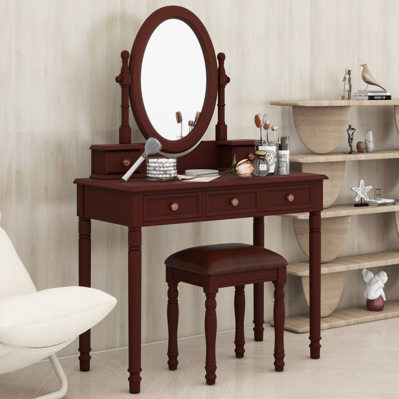 Bureau de maquillage vintage avec miroir à angle réglable et tabouret rembourré, 5 tiroirs de rangement