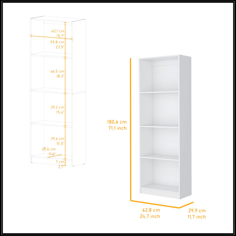 Tier Storage Shelves Bookcase, (4 Shelves) 71.1"H x 24.7"W x 11.7"D, White
