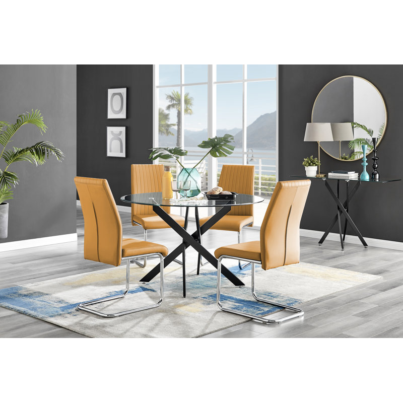 Novara Black Leg Round Glass Dining Table & 4 Mustard Lorenzo Chairs