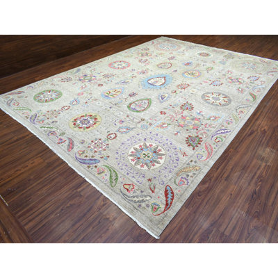 10 po x 13 po 10 po beige clair, laine douce et brillante noué à la main, fin Peshawar avec motif Suzani, teinture dense naturelle, tapis oriental 675F023D218E4CCBF0877528362DCC0