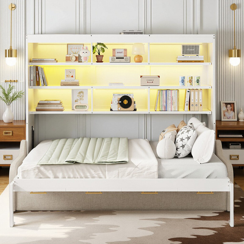 Lit escamotable avec canapé escamotable Murphy - Beige Lit mural peu encombrant avec tablettes de rangement intégrées, éclairage DEL et verrou de sécurité, aucun sommier nécessaire (capacité de 600 lb)