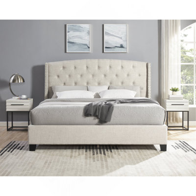 Astral 3-Piece Upholstered Bedroom Set, Tufted Wingback Bed With Two Nightstands