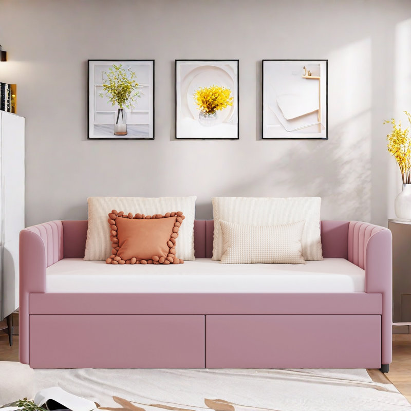 Upholstered Daybed With Ergonomic Design Backrest And 2 Drawers, Pink