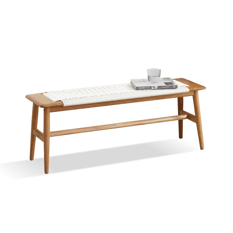Woven Design Natural Oak Wood Dining Bench Bed Bench For Dining Room, Bedroom, Bathroom, White