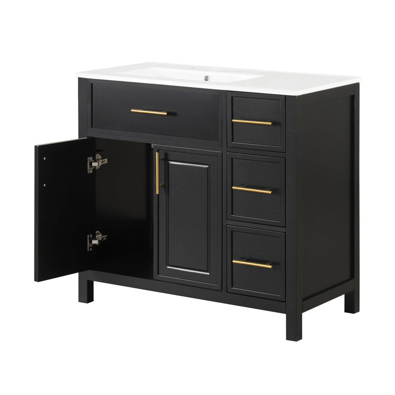 Meuble-lavabo de 36 po avec comptoir d'évier, armoire de meuble-lavabo avec deux portes et trois tiroirs, bois massif, planches en MDF, un paquet