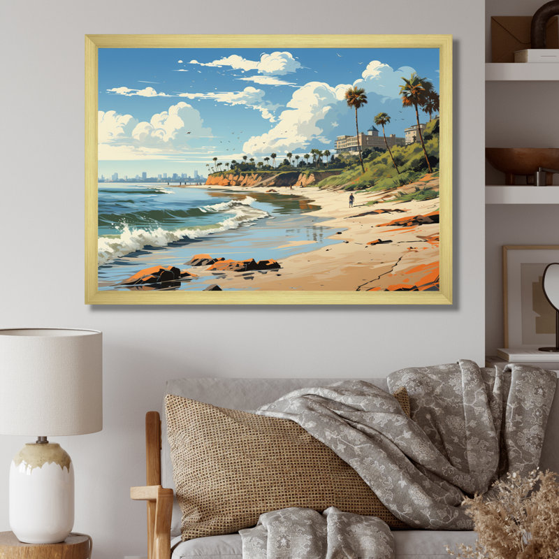 California Seascape II - art mural californien, H 16 po x l 32 po x P 1 po, Encadrement doré