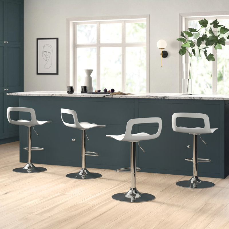 Tabouret tournant à hauteur réglable Vahig avec structure en métal, ensemble de 4, Siège blanc / cadre argenté