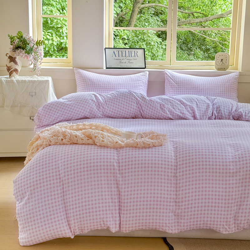 Ensemble d'édredon en microfibre prélavée Gingham, Édredon très grand et 2 taies d'oreiller, Vichy écossais rose