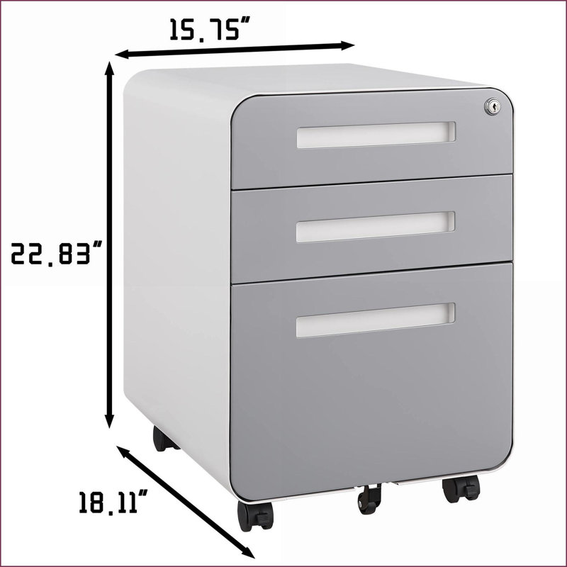 File Cabinet, 3-Drawer Mobile Under Desk with Lock, for Legal/Letter/A4 Files, Black | Metal | Modern, White/Gray