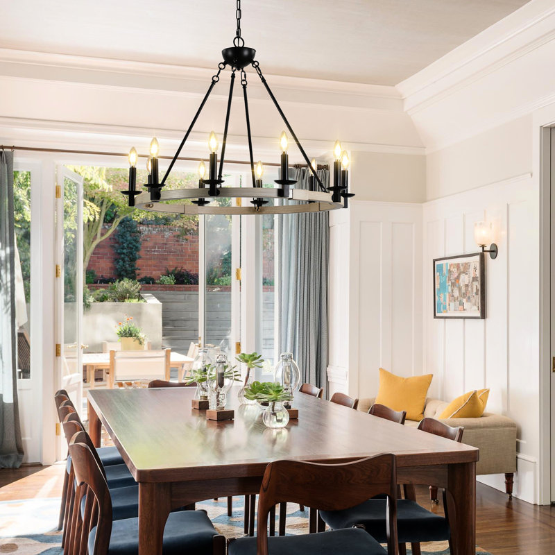 Luminaire suspendu rétro en métal noir et bois à 10 lumières, hauteur réglable pour la salle à manger, la cuisine, les espaces de vie, culot d'ampoule E12 sans ampoules, chêne blanc mat clignotant rustique, salle à manger, vacillement