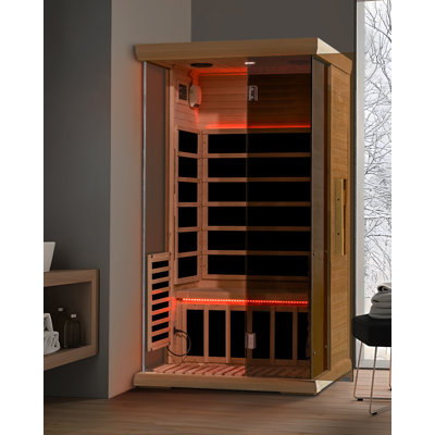 Sauna infrarouge lointain luxueux pour 1 personne pour spa à domicile, sauna sec en bois à faible consommation d'eau avec haut-parleurs Bluetooth, panneau de commande à cristaux liquides, porte en verre trempé, éclairage 7 couleurs, 74,76 po x 40,2 p