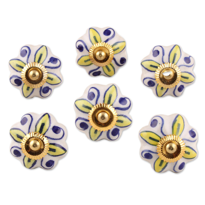 Ensemble de 6 boutons d'armoire en céramique jaune et blanc