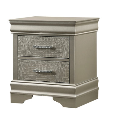 Solid Wood 2 Drawer Nightstand In Champagne Finish, Modern Aesthetic, With Diamond And Crocodile Texture Feature Bedroom Furniture: