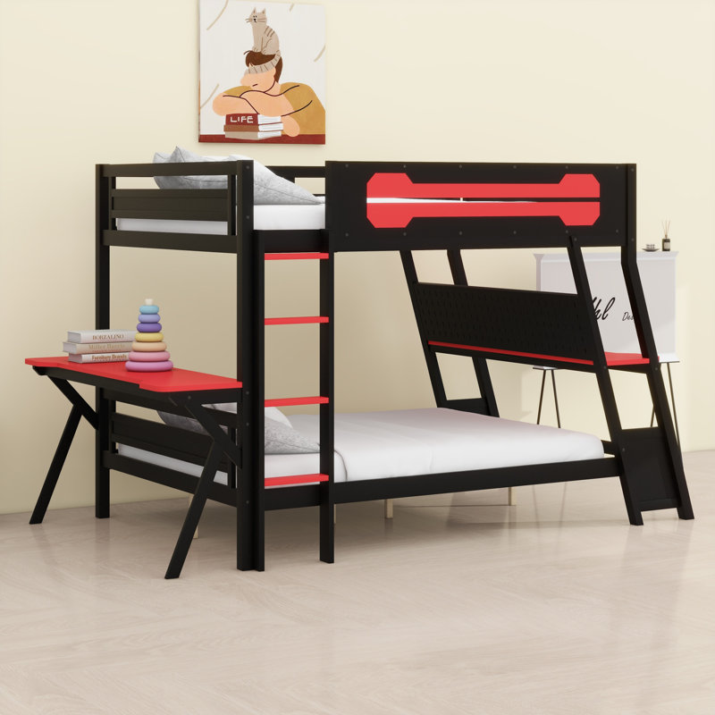 Lit double superposé multifonctionnel, bureau double intégré, ports USB et rangement perforé, Rouge