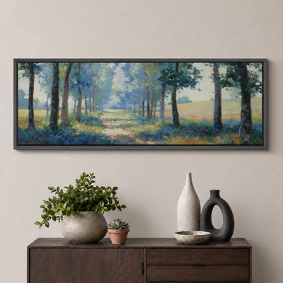 Sunlit Forest Path Landscape with Tall Trees and Wildflowers Nature Wall Decor Extra Large Pictures Framed Canvas Print Wall Art
