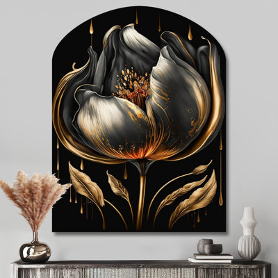 Black And Gold Tulip - Asymmetrical Tulip Metal Wall Decor, Arch Metal Wall Sculpture Print