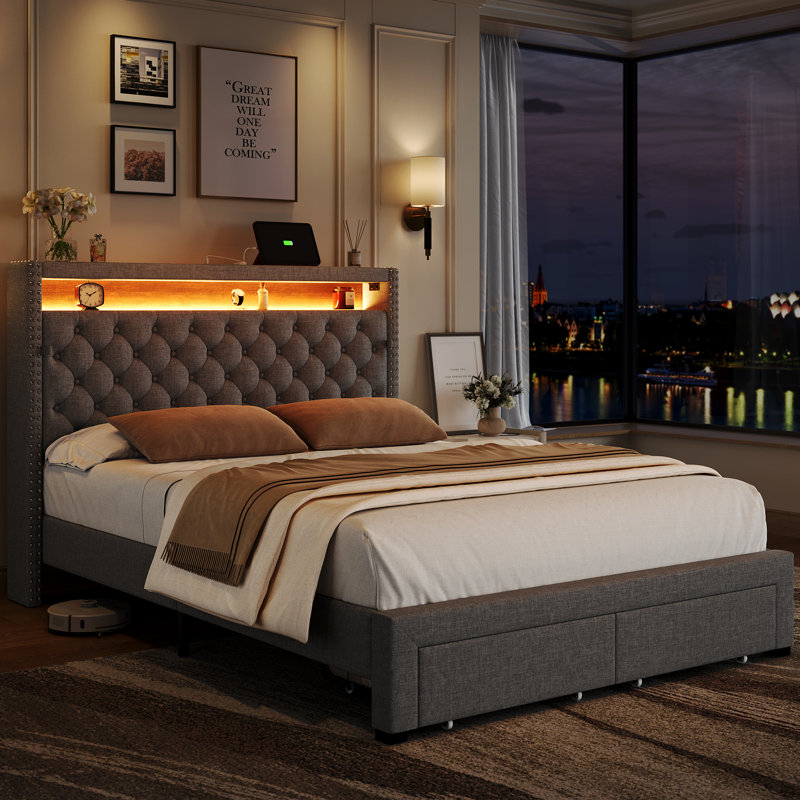 Tête de lit avec rangement DEL et base de charge, Complète, gris