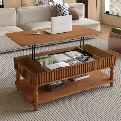 47.24" Vintage Brown Lift Top Coffee Table, Solid Wood With Fluted Details, Classic Desk For Living Room | Gift Idea